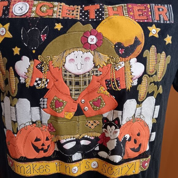 Vintage Medium Halloween T-Shirt Scarecrow & Pumpkins Cottage Grammy - Picture 3 of 4